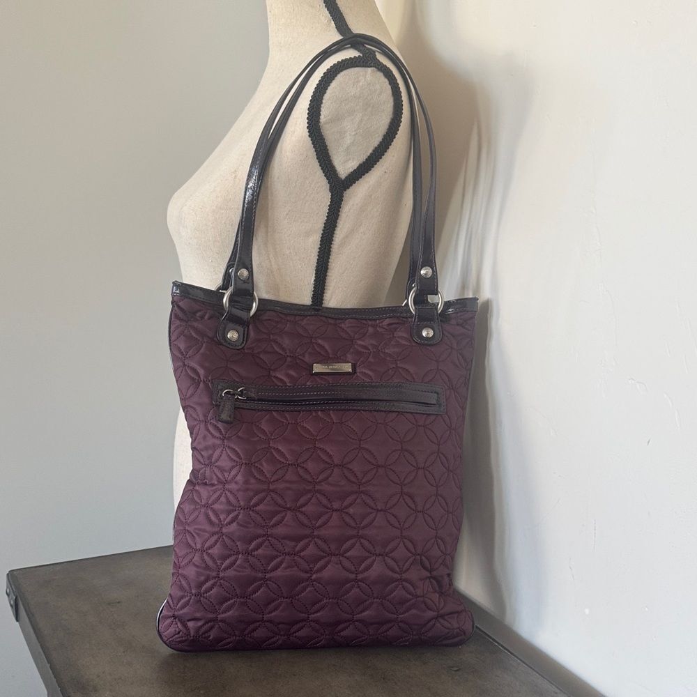 Vera Bradley Purple Plum Nylon Quilted Tote Bag Leather Trim Casual Shoulder Bag